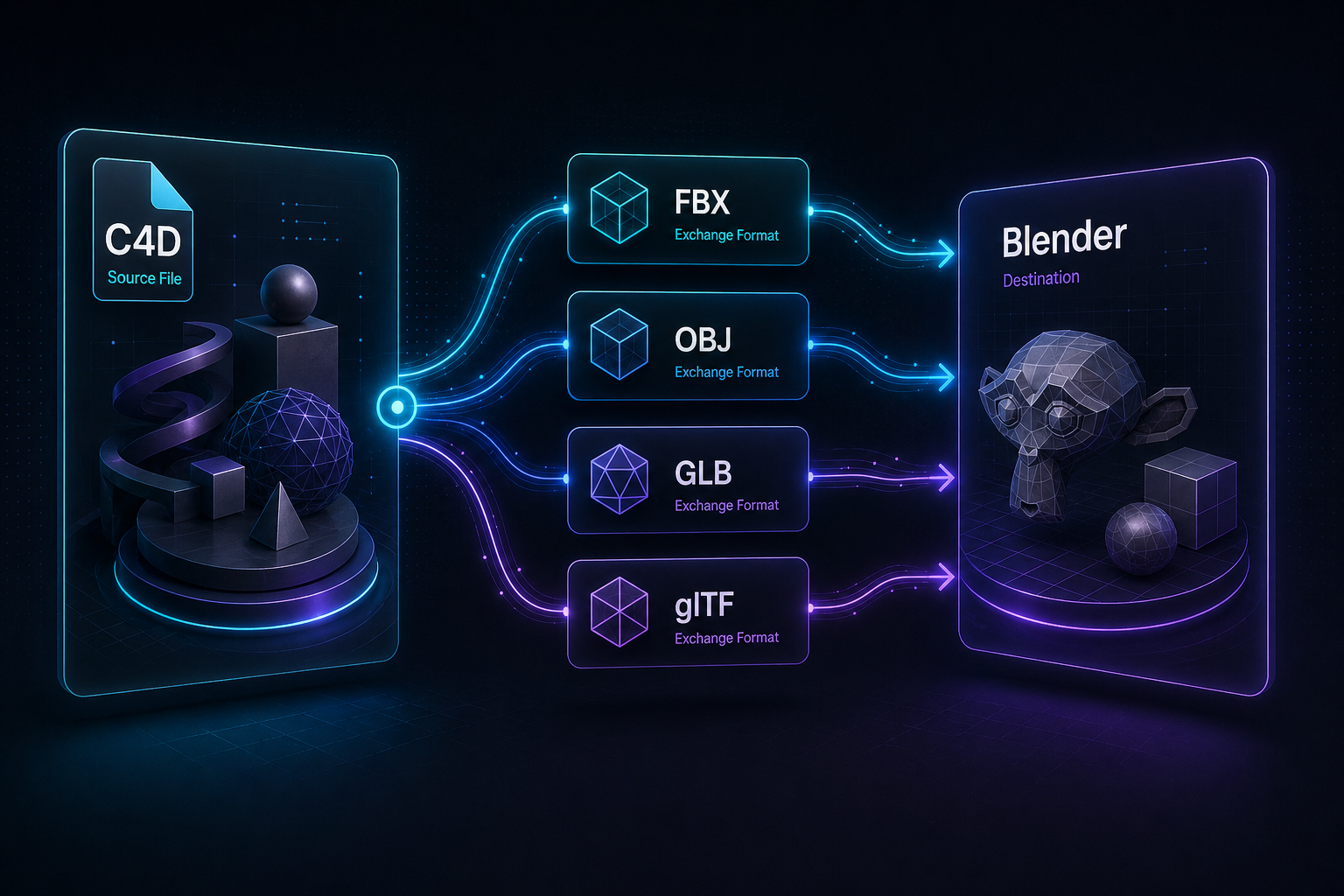 Cinema 4D scene handoff toward Blender with exchange formats and material checks
