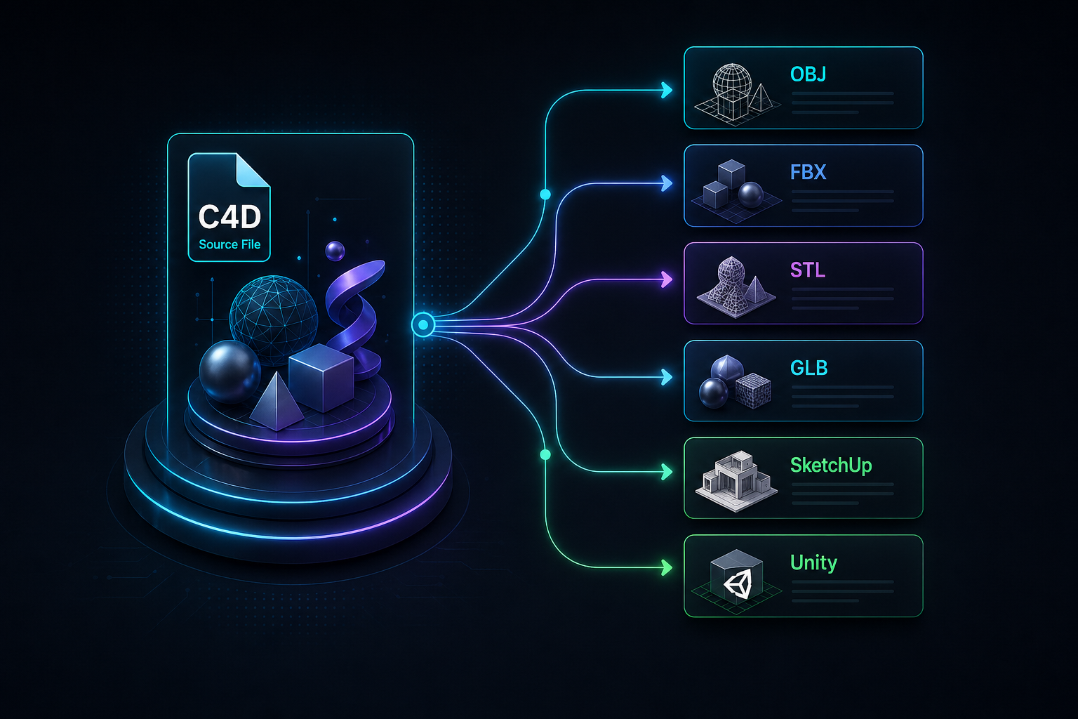 C4D file routed toward OBJ, FBX, STL, GLB, Blender, SketchUp, and Unity workflows